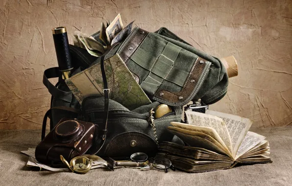 Карты, очки, фотоаппарат, книга, сумка, компас, vintage, подзорная труба