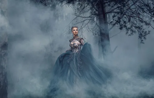 Девушка, туман, дерево, платье, королева, Adam Bird, Rachel Perera