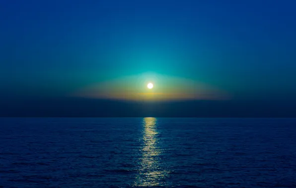 Море, отражение, луна, зеркало, горизонт, лунный свет
