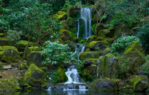 Камни, водопад, сад, USA, США, Portland, вода.