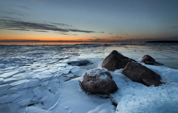 Картинка пейзаж, закат, озеро, лёд