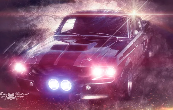 Ночь, туман, огонь, фары, Mustang, Ford