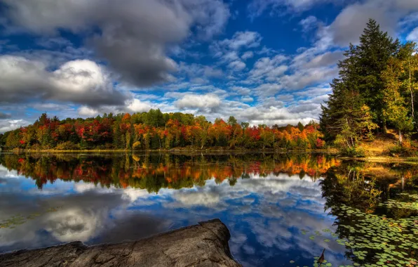 Осень, лес, небо, облака, деревья, река, Канада, Quebec