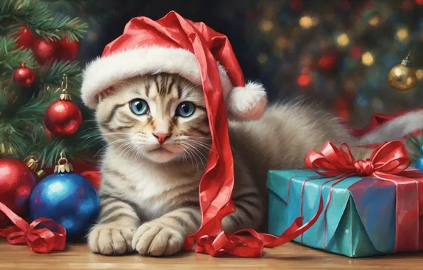 Кошка, взгляд, шарики, ветки, поза, котенок, рисунок, котик