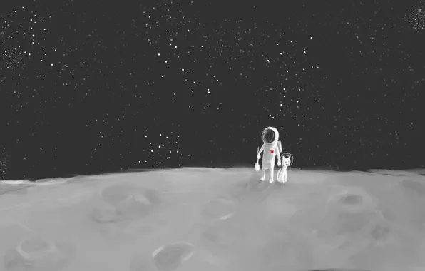 Картинка кот, космонавт, звёзды, Луна, лопата