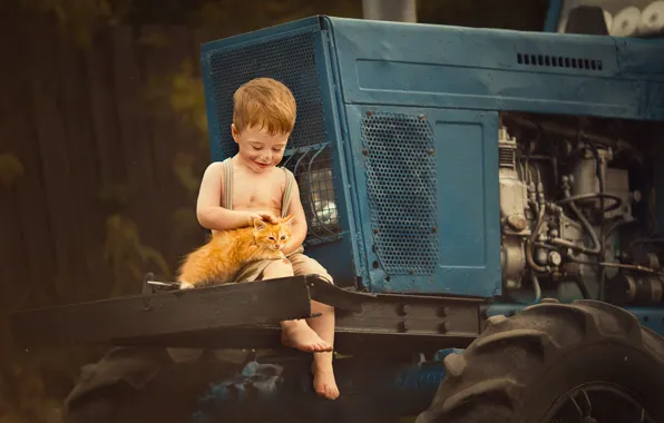 Картинка животное, мальчик, трактор, детёныш, котёнок, ребёнок, чумазый, Марианна Смолина