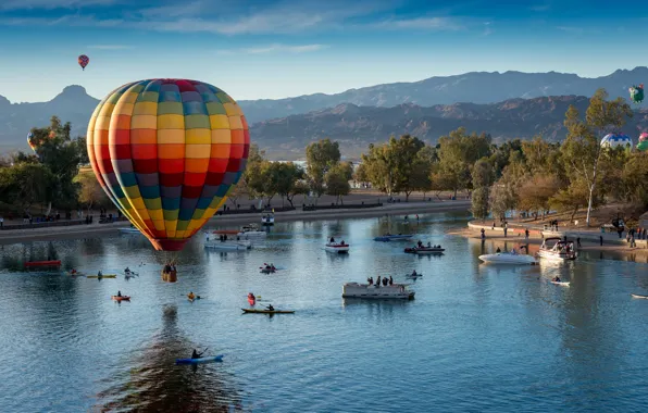 Картинка пейзаж, горы, озеро, воздушные шары, лодки, Аризона, США, фестиваль