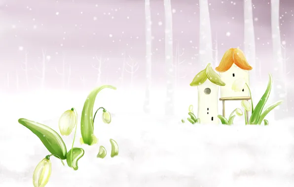 Картинка снег, весна, домик, поснежник