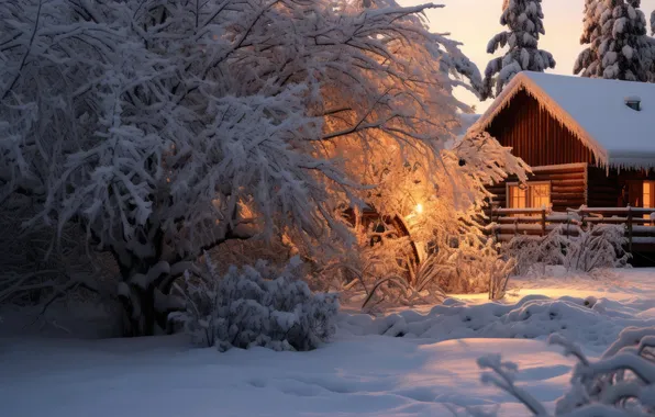 Картинка зима, лес, снег, домик, house, хижина, forest, winter