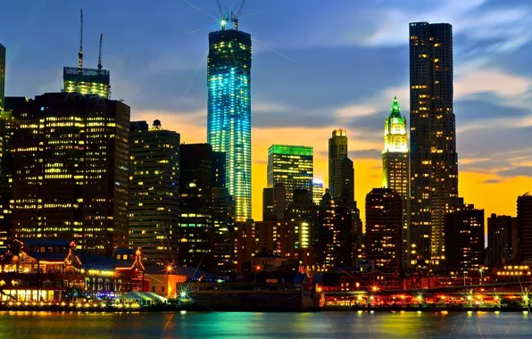 Картинка закат, огни, небоскребы, USA, набережная, New York City