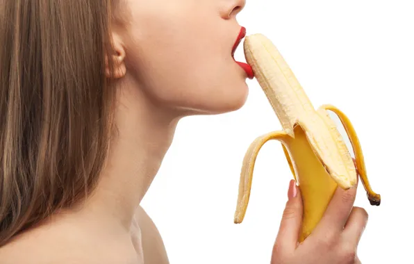 Девушка, Губы, Волосы, Банан, Lips, Сбоку, Banana, Крупным планом