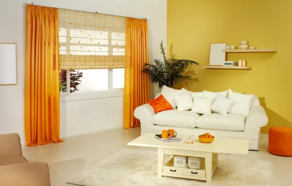 Стиль, диван, интерьер, мебель, оранжевый, дизайн