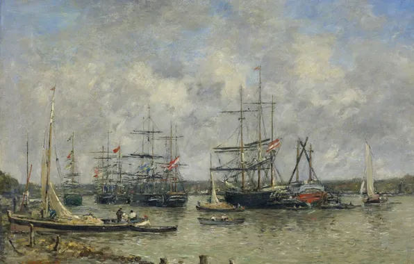 Река, картина, Bordeaux, Эжен Буден, Eugene Boudin, Трёхмачтовый Корабль на Гаронне