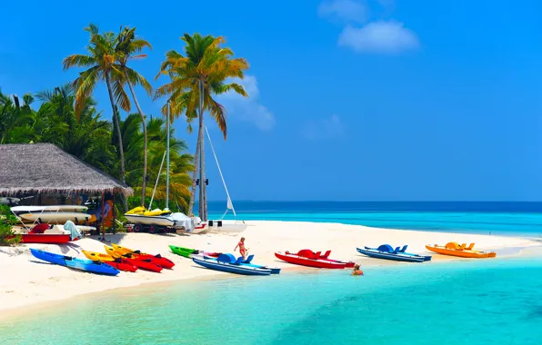 Пляж, пальмы, океан, лодки, белый песок, fantastic Maldives