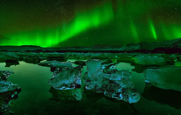Лед, звезды, ночь, северное сияние, Исландия, ледниковая лагуна Йёкюльсаурлоун