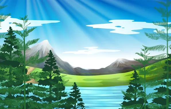 Картинка солнце, деревья, горы, природа, рендеринг, trees, nature, mountains