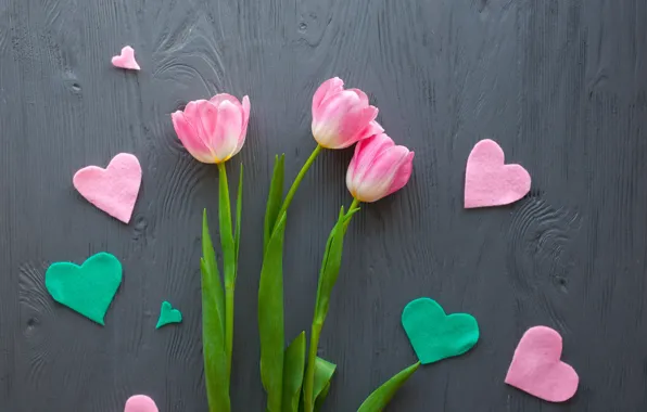 Картинка цветы, букет, сердечки, тюльпаны, love, розовые, wood, pink