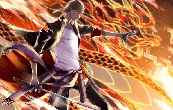 Огонь, аниме, арт, парень, touken ranbu