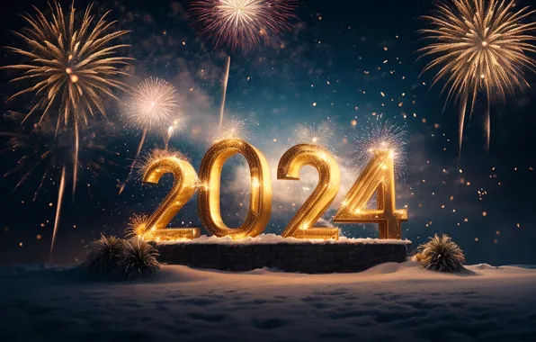 Салют, цифры, Новый год, golden, numbers, New year, 2024, fieworks