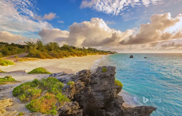 Картинка море, пляж, облака, природа, камни, Уорвик Лонг-Бей, Бермудские острова