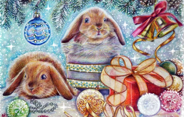 Картинка зима, животные, снег, праздник, подарок, игрушка, елка, новый год