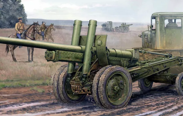 Рисунок, арт, всадники, прицеп, 122-мм, корпусная пушка, А-19, больдозер