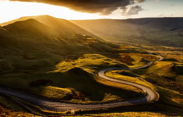 Дорога, солнце, облака, горы, Англия, долина, Derbyshire, Mam Tor