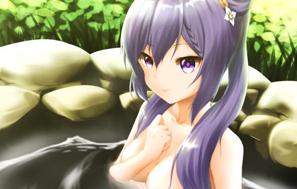 Girl, grass, sexy, long hair, boobs, anime, water, beautiful