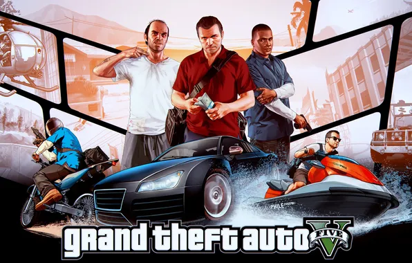 Картинка Michael, Grand Theft Auto V, Rockstar Games, Franklin, Trevor, GTA Online