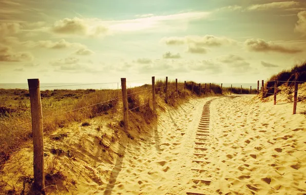 Картинка песок, море, пляж, пейзаж, забор
