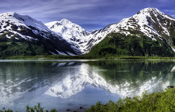 Картинка горы, озеро, отражение, Аляска, Alaska, Portage Lake, ледник Портедж, озеро Портедж