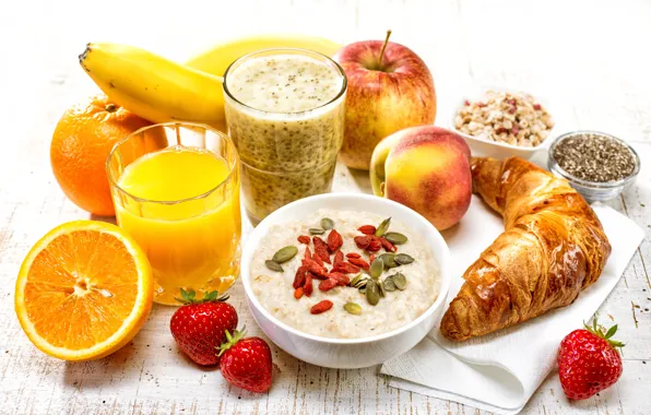 Картинка завтрак, клубника, сок, фрукты, круассан, овсянка