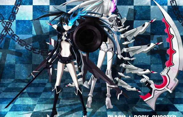 Картинка оружие, девушки, меч, аниме, арт, коса, цепи, black rock shooter