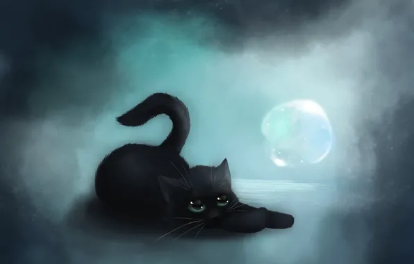 Картинка кошка, арт, черная, пузырь, лежа, VanillaKeyblade