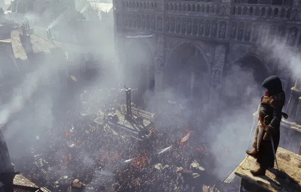 Картинка дым, толпа, ассасин, Assassin's Creed: Unity, Assassin's Creed: Единство, Арно Дориан, французская революция