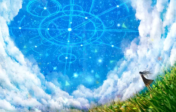 Картинка небо, трава, девушка, звезды, облака, природа, аниме, арт