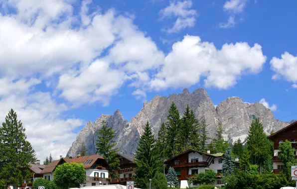 Небо, облака, деревья, горы, город, фото, дома, Италия