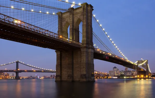 Картинка вода, мост, огни, нью-йорк, манхеттен, new york, manhattan, бруклинский мост