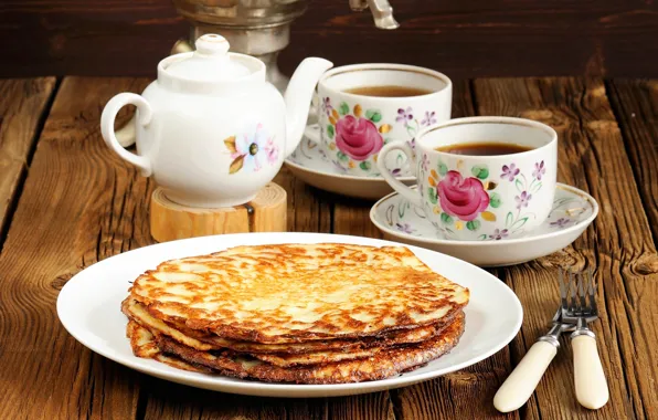 Чай, чайник, чашки, блины, выпечка, масленица