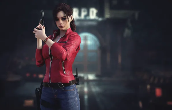 Девушка, пистолет, ворота, шатенка, симпатичная, Claire Redfield, Клэр Редфилд, Resident Evil 2 Remake