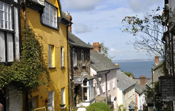 Город, улица, побережье, Англия, дома, Cornwall, Clovelly village