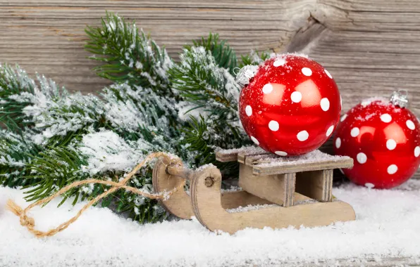 Картинка зима, шарики, снег, ветки, игрушки, елка, ель, Новый Год