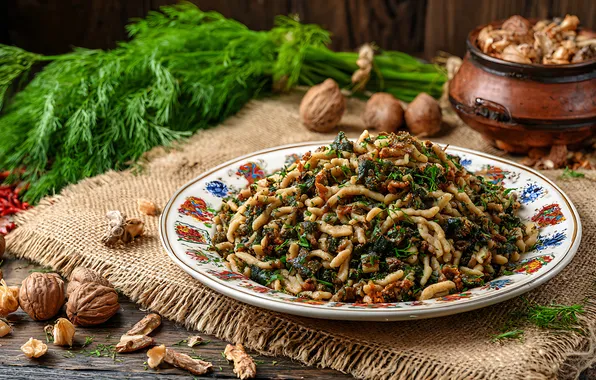 Стол, грибы, еда, укроп, тарелка, миска, салфетка, блюдо