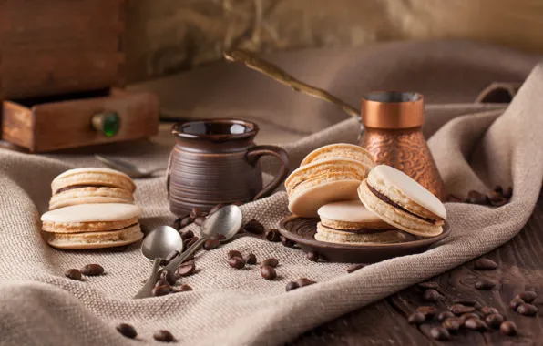 Кофе, печенье, десерт, macaron, Natasha Breen, миндальное, Макарон