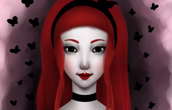 Картинка бабочки, лицо, волосы, арт, девочка, красные, girl, art