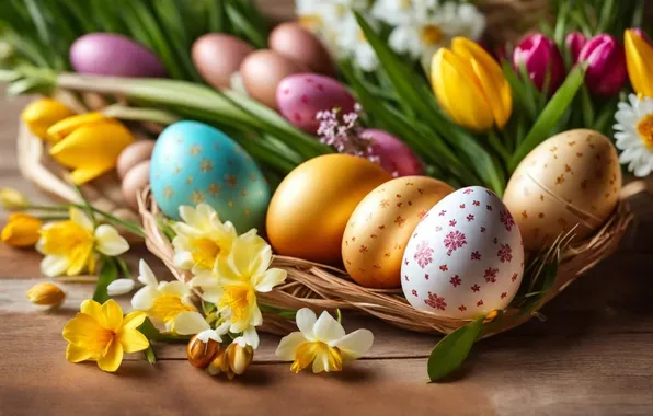 Картинка цветы, яйца, весна, colorful, Пасха, happy, flowers, spring