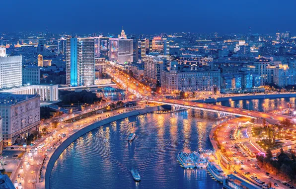 Картинка мост, река, здания, дома, Москва, Россия, ночной город, Москва-река, теплоходы, набережные, Анастасия Мазурева
