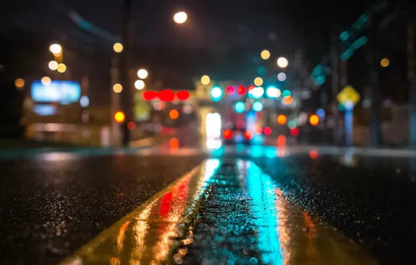 Дорога, ночь, улица, полоса, асвальт, огни ночного города