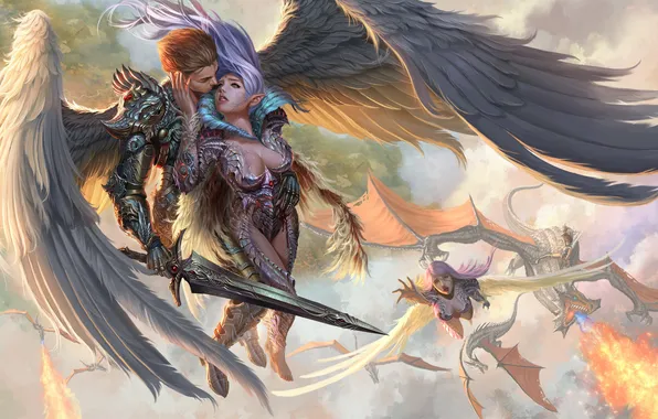 Картинка девушки, дракон, крылья, арт, парень, в небе