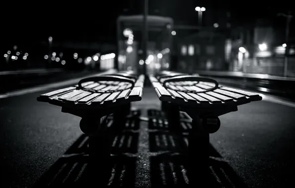 Light, bokeh, shadows, benches, grayscale